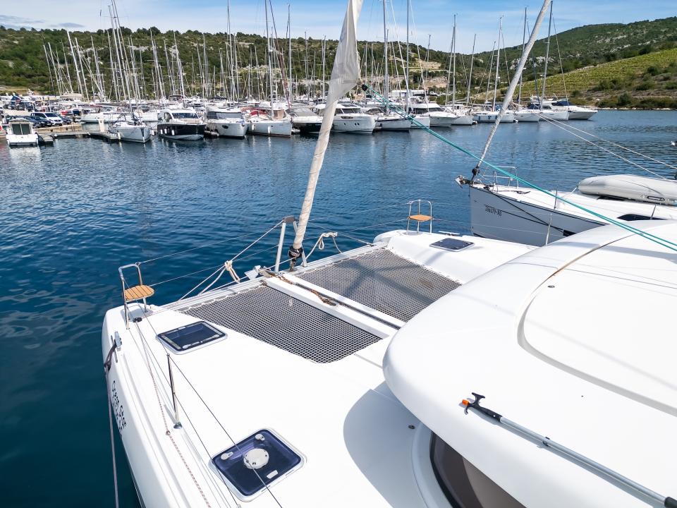 Catamaran seen bow-on from the water