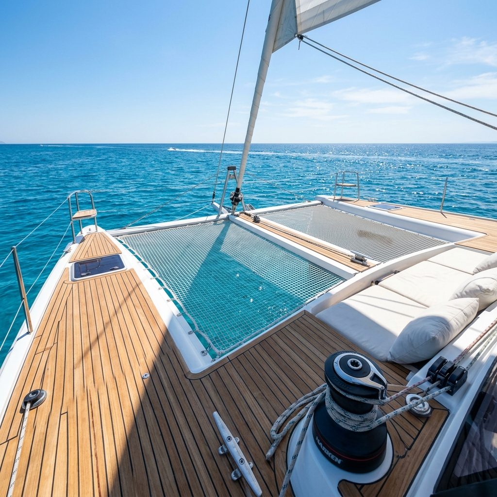 Foredeck and trampoline of a catamaran
