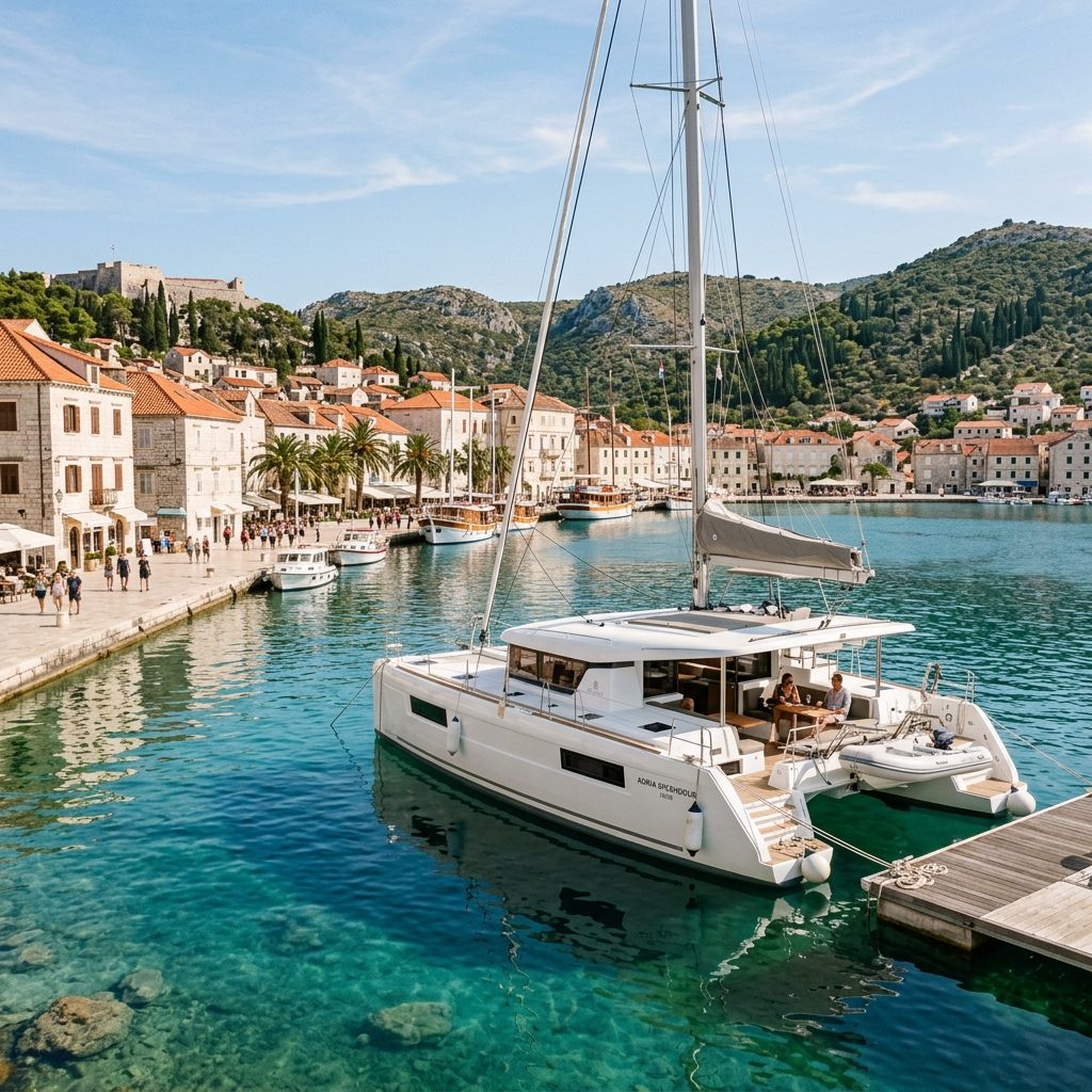 Catamaran moored on the quay of a Dalmatian town